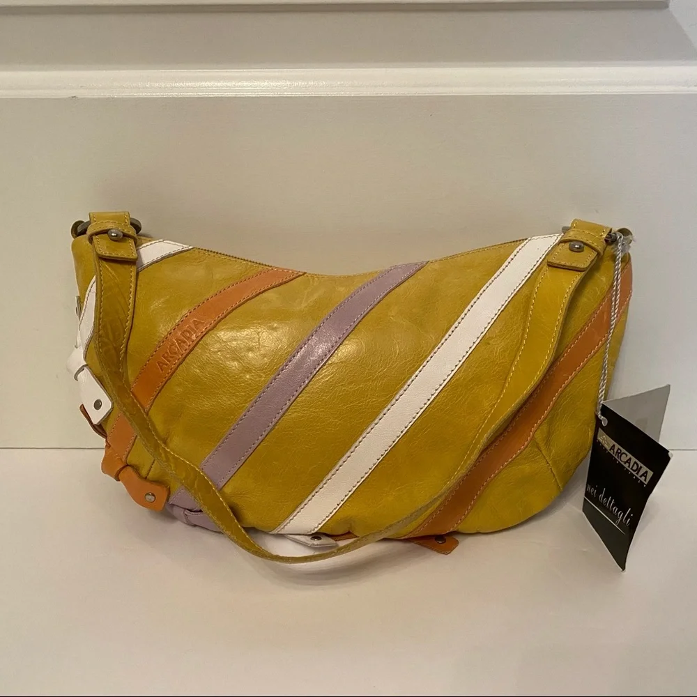 ARCADIA NEW NWT BAG SHOULDER YELLOW LEATHER ITALY ZIP TOP